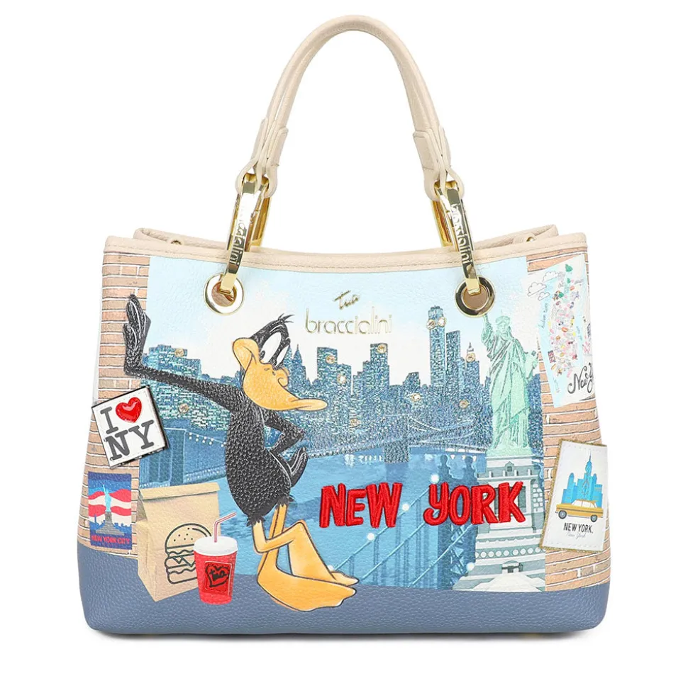 Borsa Donna a Mano Media BRACCIALINI linea Cartoline Looney Tunes stampa New York