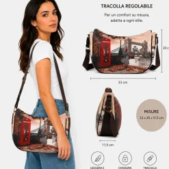 Borsa Donna Hobo Bag a Tracolla Y NOT YES-628 Stampa Lost in Rome