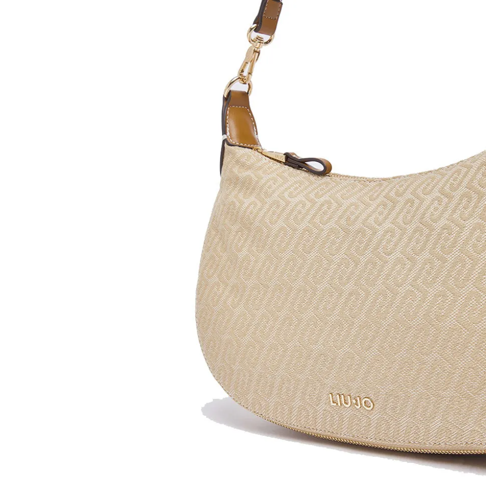 Hobo Bag Media con Tracolla LIU JO in Tessuto Jacquard Beige con Logo All Over