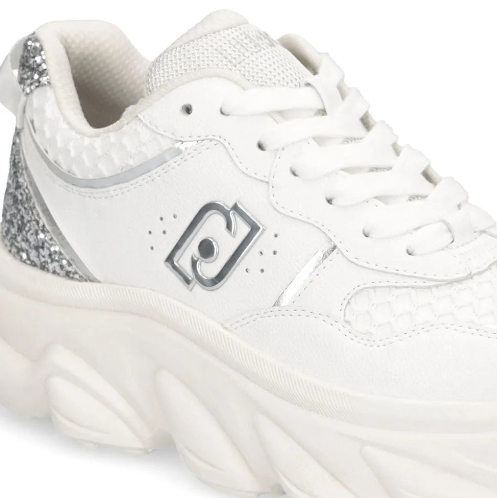 Scarpe Donna LIU JO Steffy 01 Sneakers Chuncky in Pelle Bianca con Inserto Glitter Argento