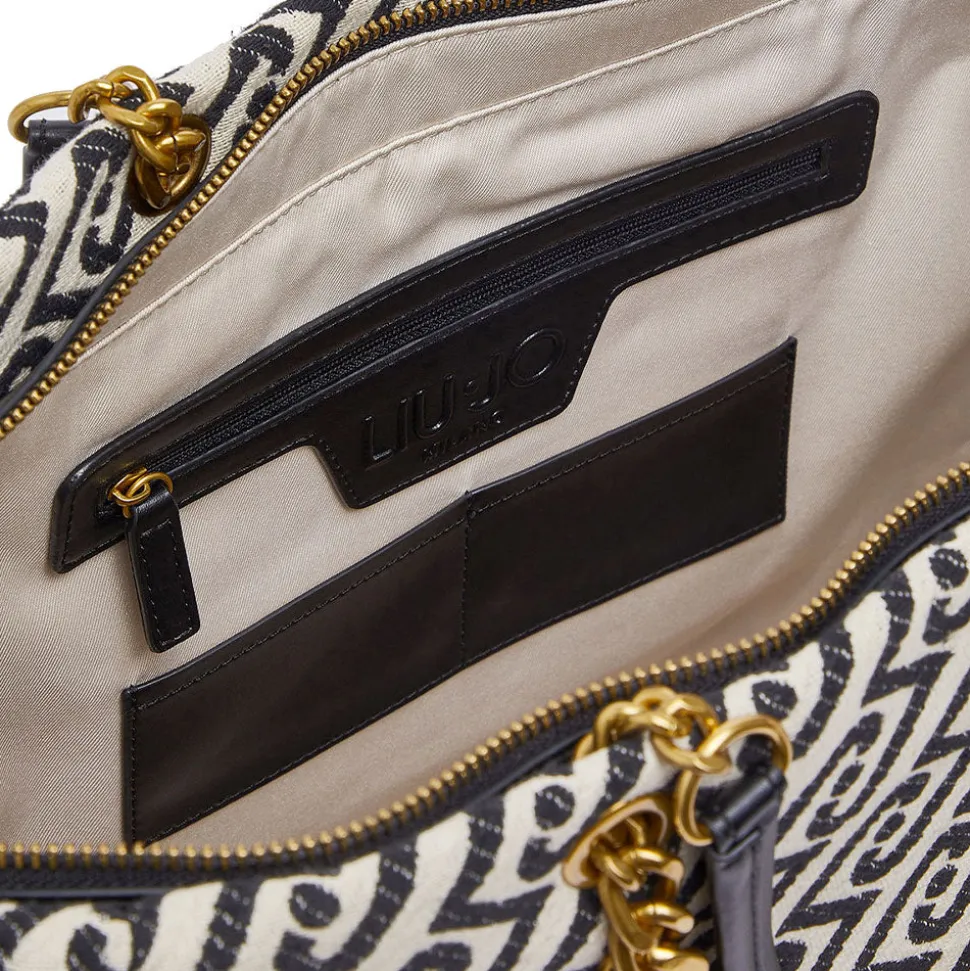 Shopping Bag Large Donna LIU JO in Tessuto Jacquard Bianco e Nero con Logo Monogram