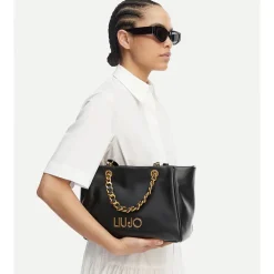 Shopping Bag Media Donna LIU JO in Tessuto Jacquard Bianco e Nero con Logo Monogram