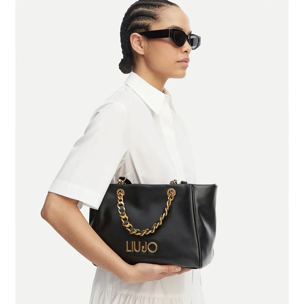 Shopping Bag Media Donna LIU JO in Tessuto Jacquard Bianco e Nero con Logo Monogram