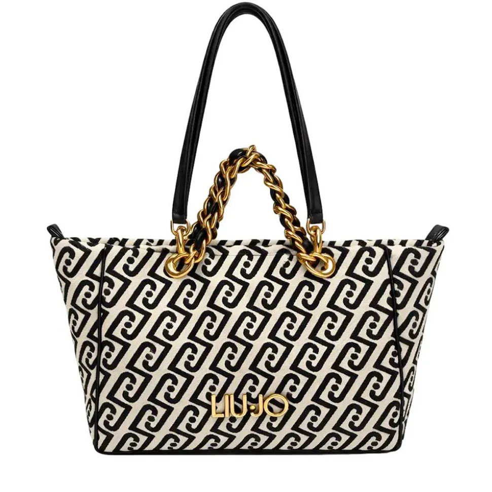 Shopping Bag Media Donna LIU JO in Tessuto Jacquard Bianco e Nero con Logo Monogram