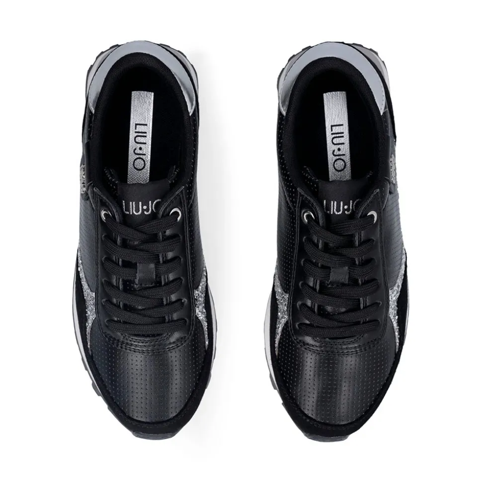 Sneakers Donna LIU JO Evelyn 915 in Microfibra Perforata Nera con Inserto Glitter Argento