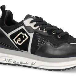 Sneakers Platform Donna LIU JO Maxi Wonder 01 in Pelle e Mesh Nero con Paillettes