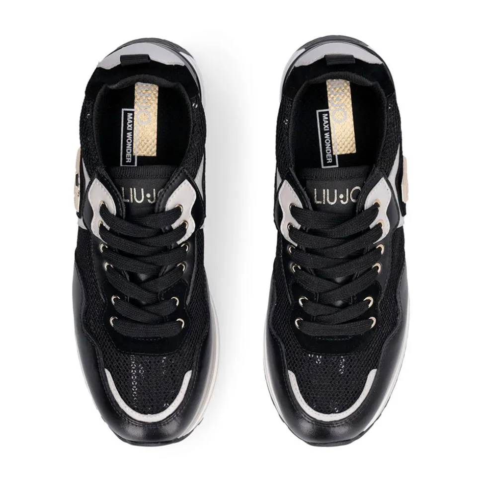 Sneakers Platform Donna LIU JO Maxi Wonder 01 in Pelle e Mesh Nero con Paillettes
