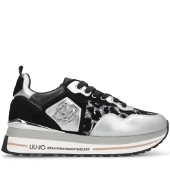 Sneakers Platform Donna LIU JO Maxi Wonder 01 in Pelle Suede e Inserti Glitter Animalier Silver Black