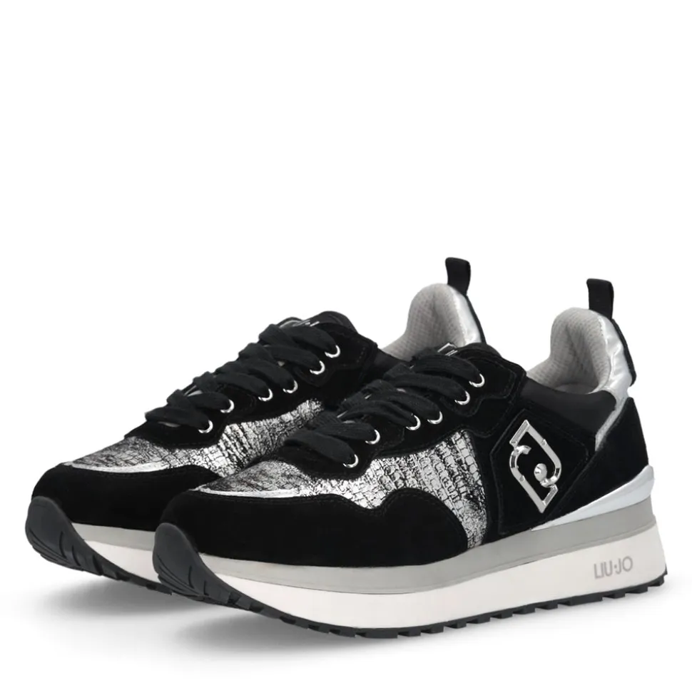 Sneakers Platform Donna LIU JO Maxi Wonder 01 in Suede Nero e Inserti Laminati Silver