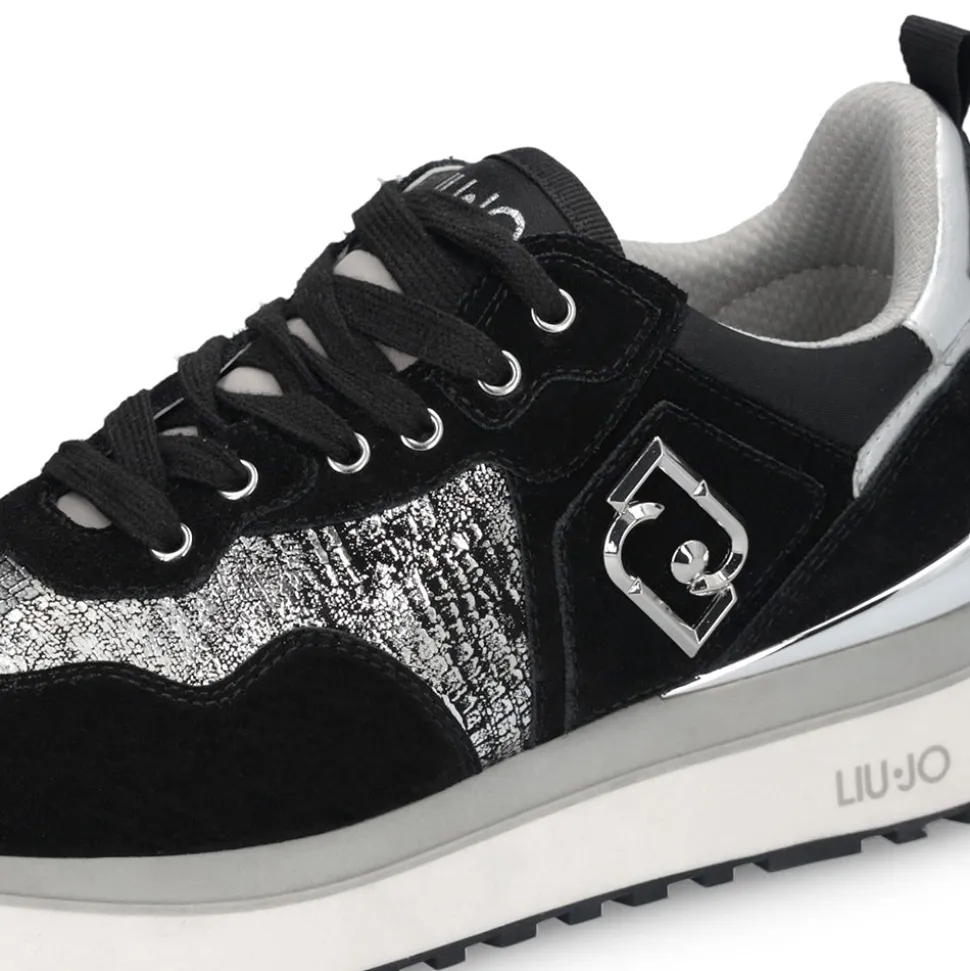 Sneakers Platform Donna LIU JO Maxi Wonder 01 in Suede Nero e Inserti Laminati Silver