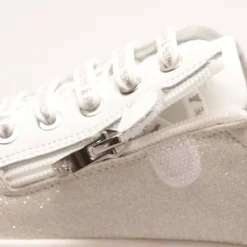 Sneakers Platform PATRIZIA PEPE Girl linea Flyglitter in Pelle e Glitter Bianco Argento
