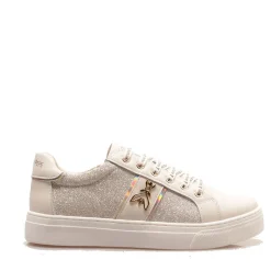 Sneakers Platform PATRIZIA PEPE Girl linea Flyglitter in Pelle e Glitter Off White e Platino