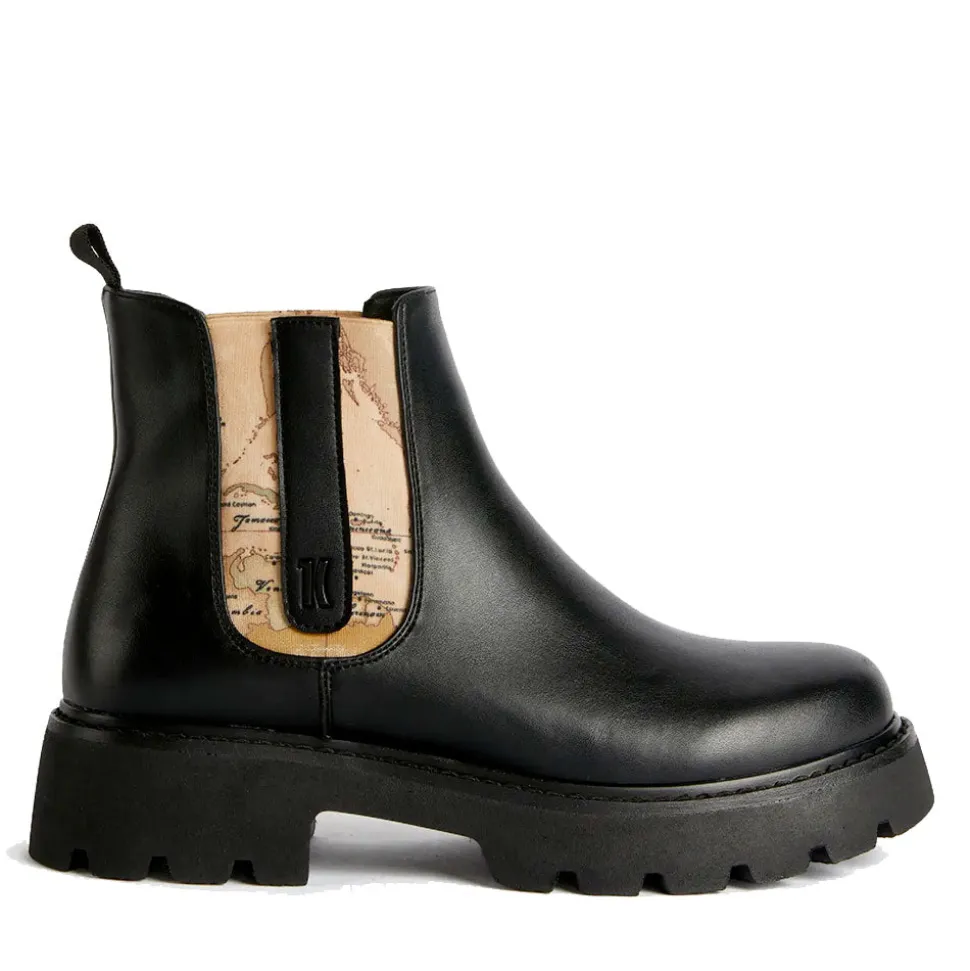 Stivaletti Beatles Donna 1A Classe Alviero Martini in Eco Nappa Nera con Inserto Elastico stampa Geo Classic 1237