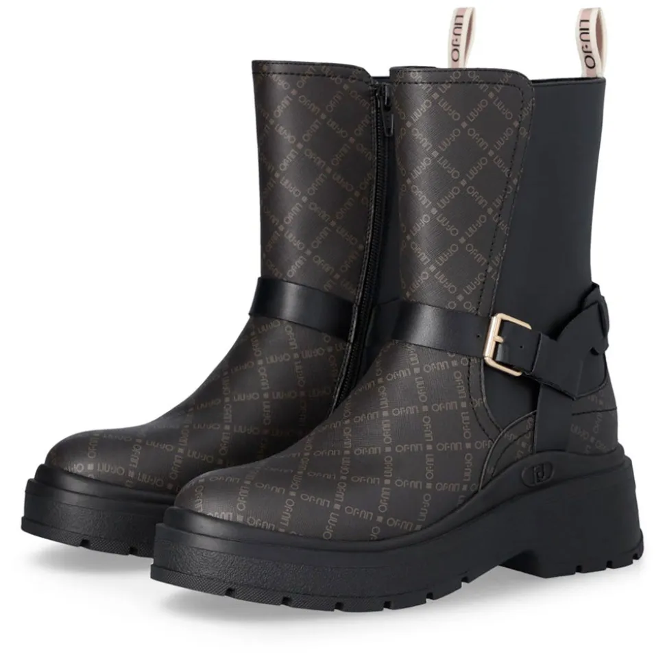 Stivaletti Donna LIU JO Andrea 03 stampa Saffiano Nera con Inserti Monogram Marrone