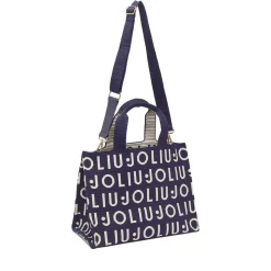 Tote Bag Large LIU JO in Maglia Blu Scuro con Logo Jacquard Bianco