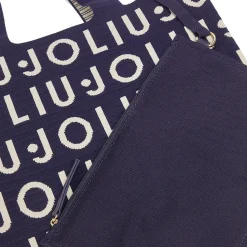 Tote Bag Large LIU JO in Maglia Blu Scuro con Logo Jacquard Bianco