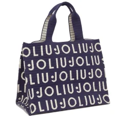 Tote Bag Large LIU JO in Maglia Blu Scuro con Logo Jacquard Bianco